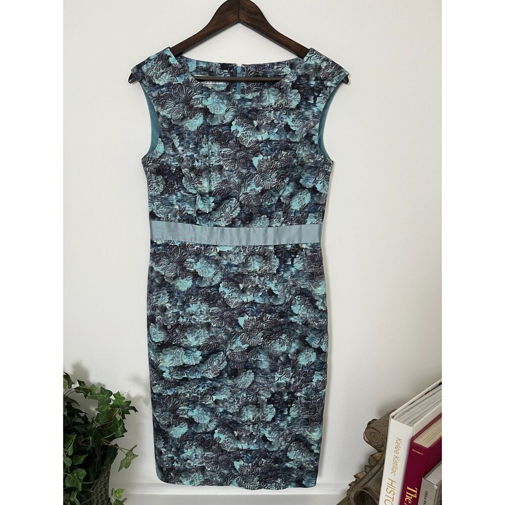 Kay Unger Turquoise Floral Sheath Cocktail Dress SZ 6